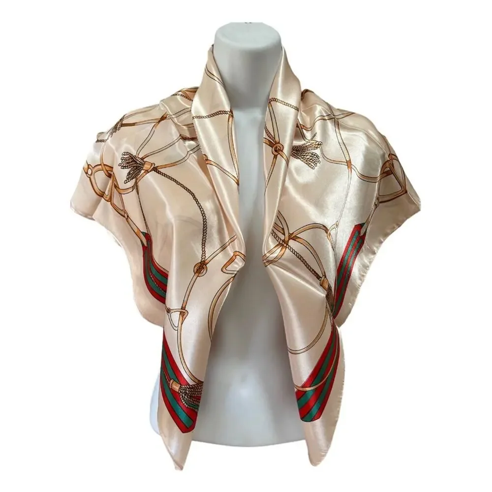 Red Green Cream Gold Tassel Print Scarf Women’s Size 36x36 in